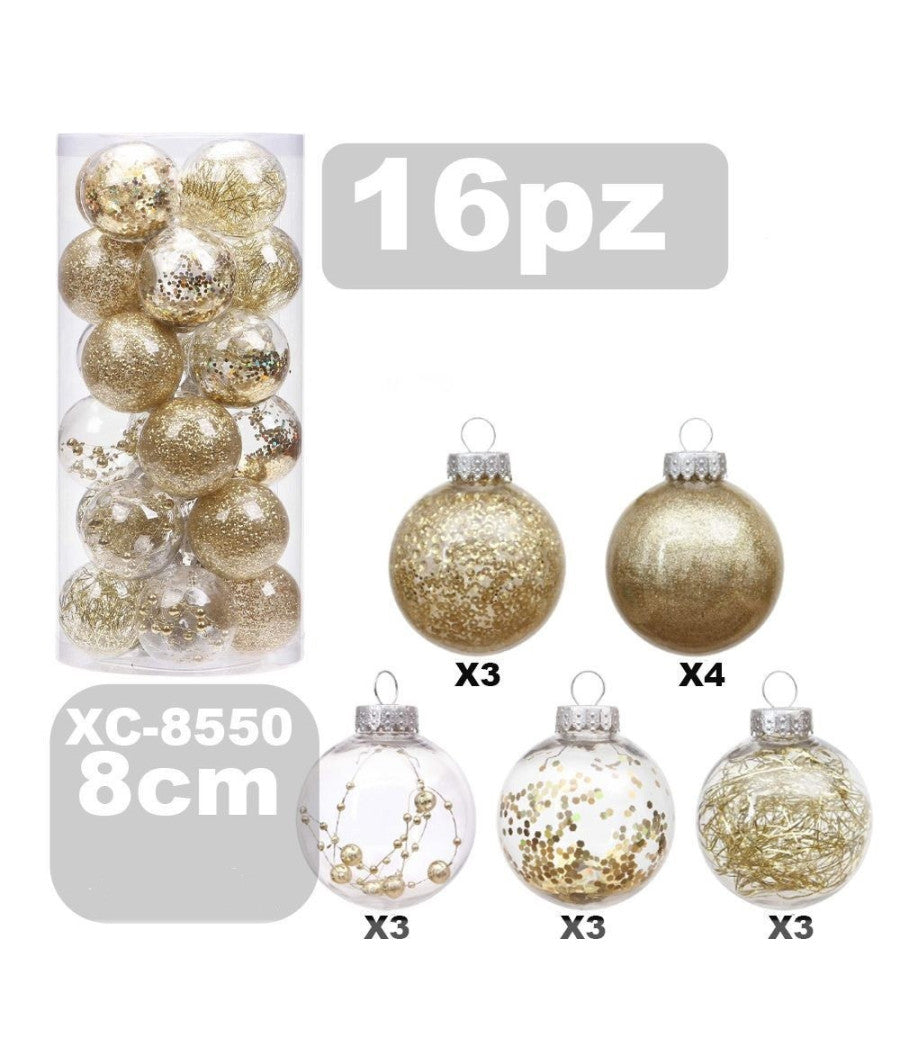 Set 16 Palline Natalizie Decorazioni 8 Cm Addobbi Per Albero Di Natale Xc-8550         