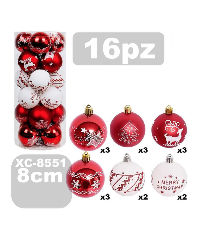 Set 16 Palline Natalizie Decorazioni 8 Cm Addobbi Per Albero Di Natale Xc-8551         