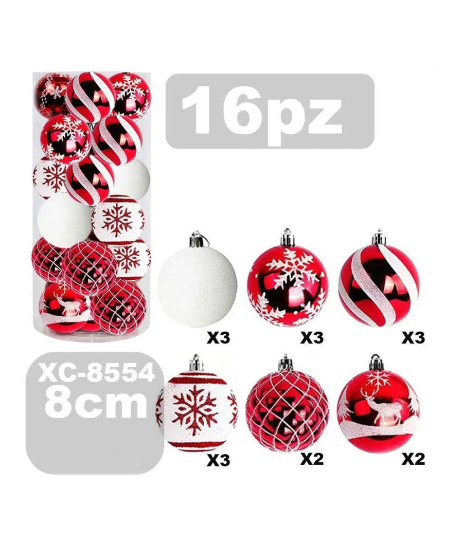 Set 16 Palline Natalizie Decorazioni 8 Cm Addobbi Per Albero Di Natale Xc-8554         