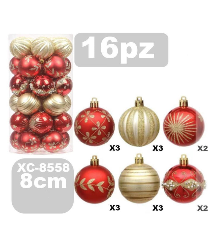 Set 16 Palline Natalizie Decorazioni 8 Cm Addobbi Per Albero Di Natale Xc-8558         