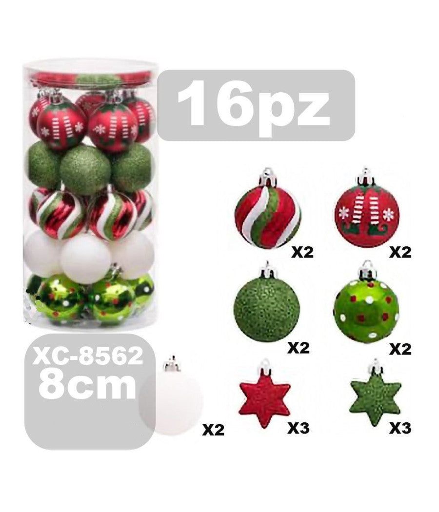 Set 16 Palline Natalizie Decorazioni 8 Cm Addobbi Per Albero Di Natale Xc-8562         