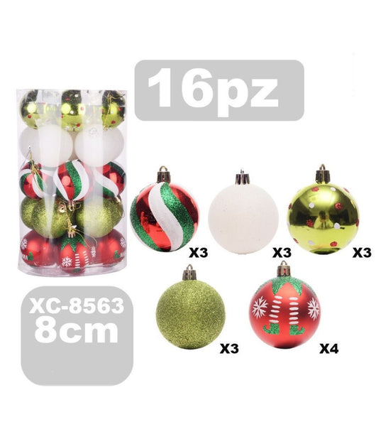 Set 16 Palline Natalizie Decorazioni 8 Cm Addobbi Per Albero Di Natale Xc-8563         