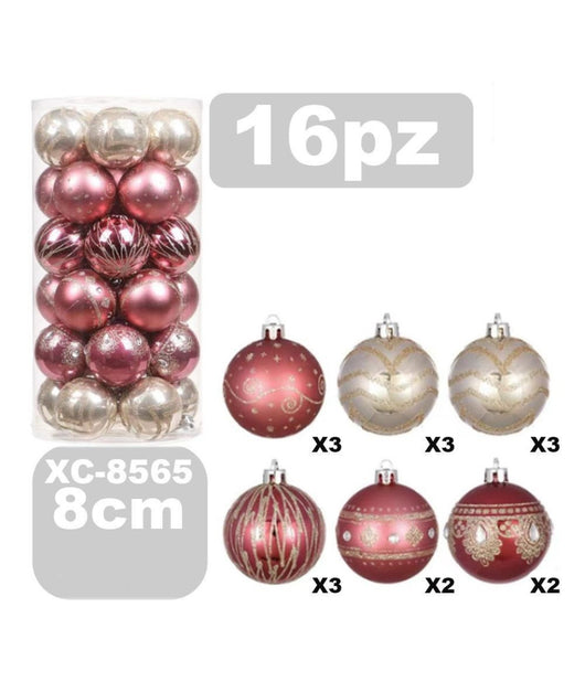 Set 16 Palline Natalizie Decorazioni 8 Cm Addobbi Per Albero Di Natale Xc-8565         