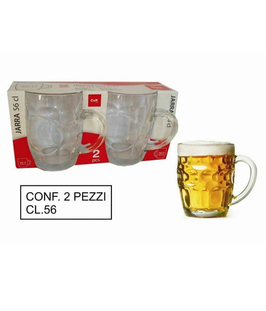 Set 2 Pezzi Brocca Bicchieri Boccali Birra In Vetro Classico 56 Cl Con Manico         