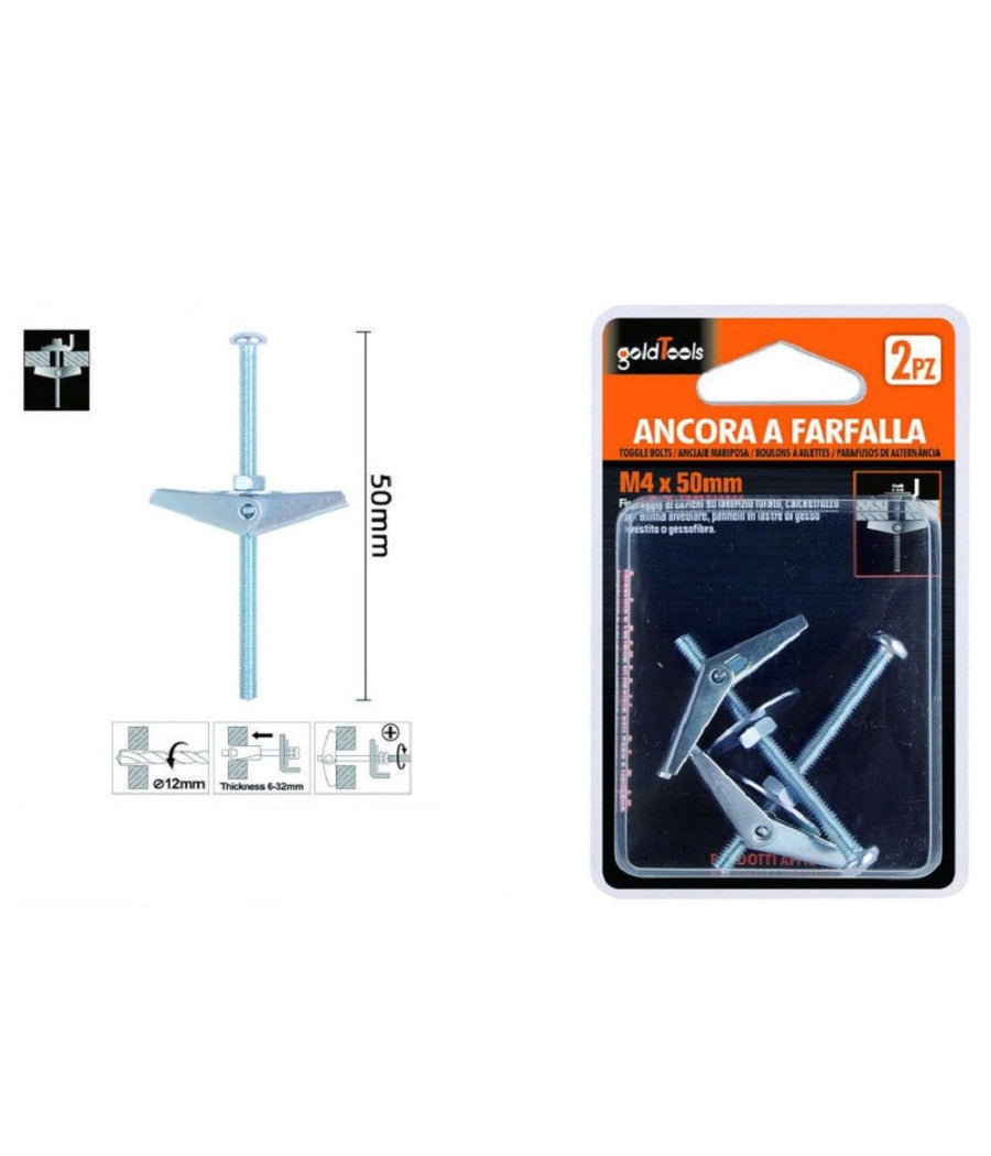 Set 2 Pz Ancora A Farfalla In Acciaio Con Dado E Rondella Tassello M4x50mm 57224         