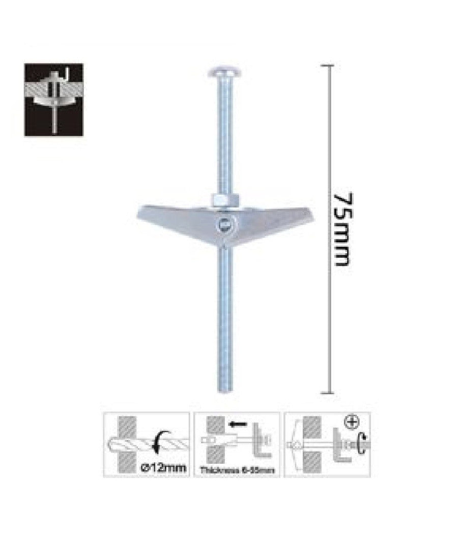 Set 2 Pz Ancora A Farfalla In Acciaio Con Dado E Rondella Tassello M4x75mm 57225         