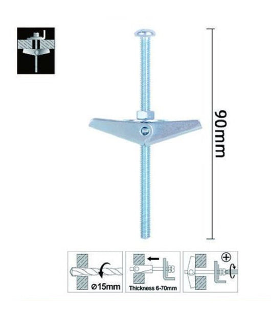 Set 2 Pz Ancora A Farfalla In Acciaio Con Dado E Rondella Tassello M5x90mm 57227         