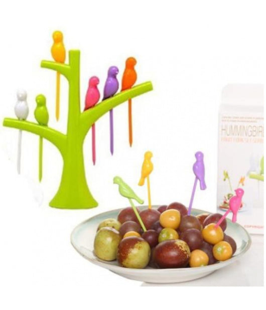 Set 2 Supporti Alberi 6 Porta Forchette Da Frutta Forma Uccellini Spiedini         