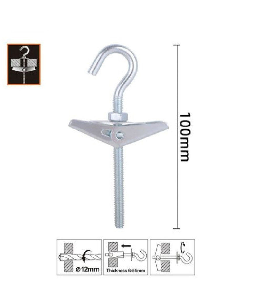 Set 2pz Ancora A Farfalla Con Gancio In Acciaio Con Dado Rondella M4x100mm 57228         