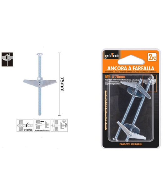 Set 2pz Ancora A Farfalla In Acciaio Con Dado E Rondella Tassello M5x75 Mm 57226         