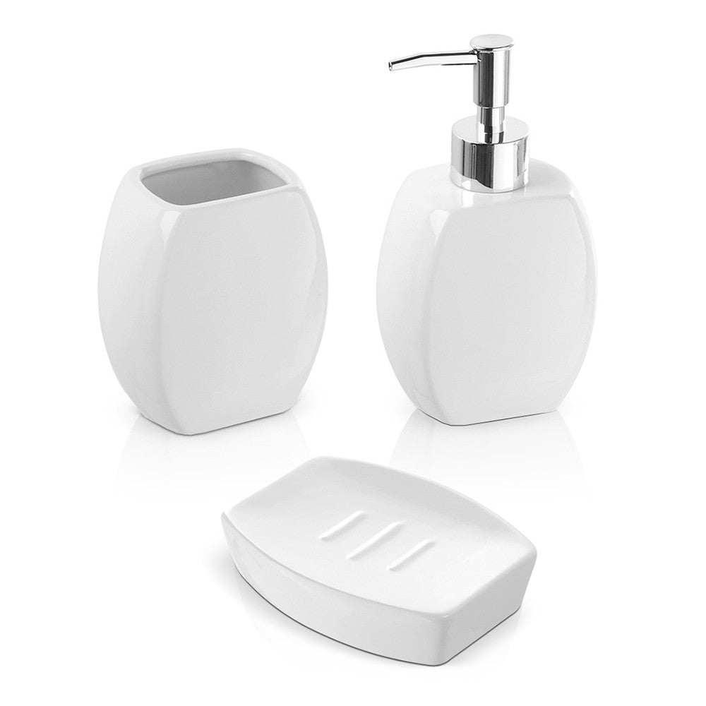 Set 3 accessori bagno da appoggio in ceramica bianca