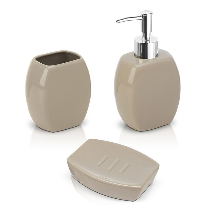 Set 3 accessori bagno da appoggio in ceramica tortora