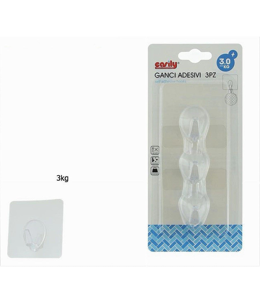 Set 3 Ganci Appendino Adesivi Parete Cucina Bagno Attaccapanni Trasparente 87760         