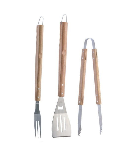 Set 3 Pezzi Utensili Barbecue In Acciaio E Legno Accessori Attrezzi Bbq Tools         