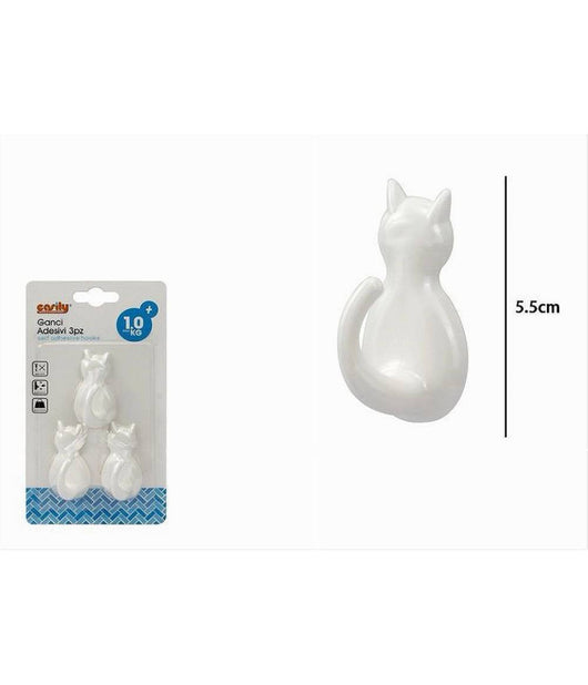 Set 3 Pz Ganci A Forma Di Gatto Bianchi Adesivi Per Cucina Bagno Da Parete 79346         