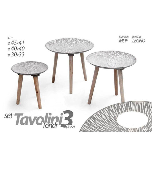 Set 3 Tavolini Tavolo Mdf Piedi Legno Salotto Giardino à¸45-40-30cm Tondi 783944         