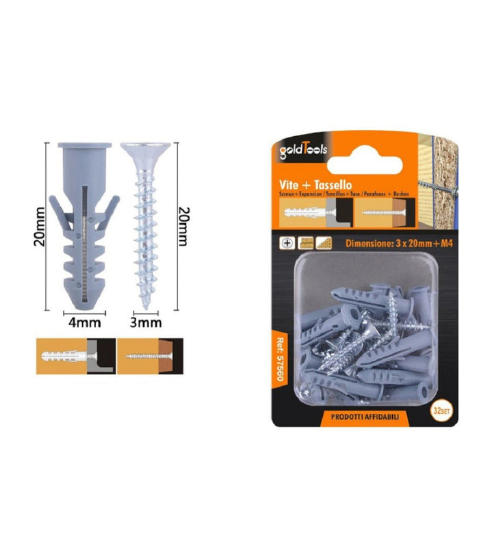 Set 32 Pz Viti Vite Croce 3x20mm + Tasselli Con Alette Tassello M4 Fischer 57560         