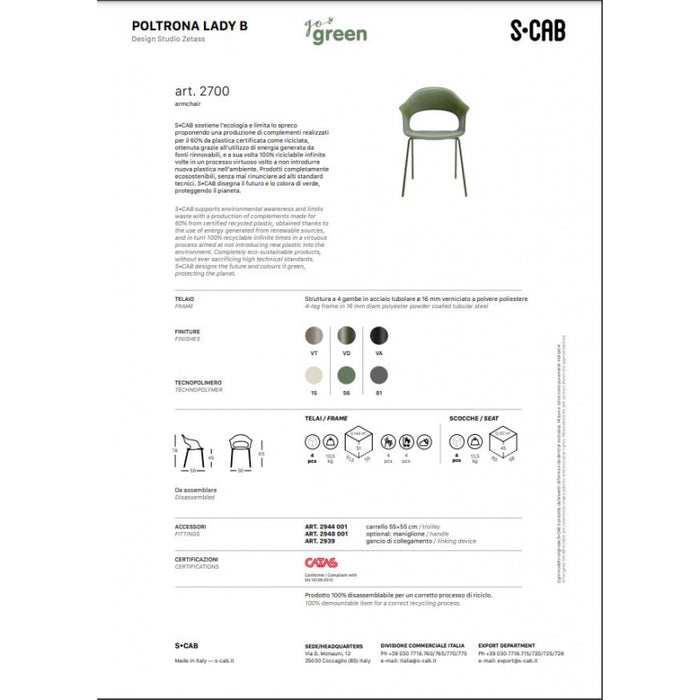 SET 4 SEDIE LADY B GO GREEN TECNOPOLIMERO MADE IN ITALY SCAB DESIGN - Tortora 15