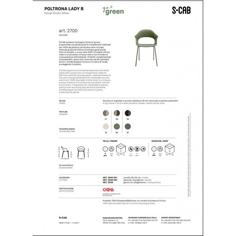 SET 4 SEDIE LADY B GO GREEN TECNOPOLIMERO MADE IN ITALY SCAB DESIGN - Antracite 81