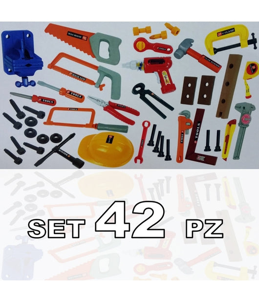 Set 42 Pezzi Attrezzi Da Lavoro Elmetto Trapano Sega Gioco Giocattolo Eta' 3+         