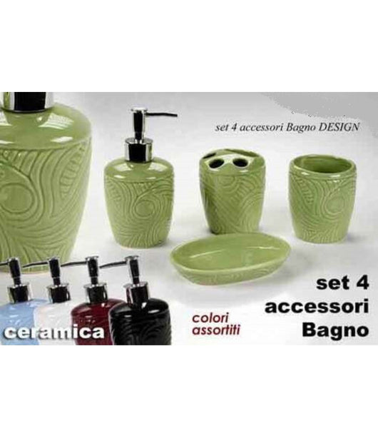 Set 4pz Accessori Bagno In Ceramica Porta Sapone Spazzolino Decoro Design 616297         