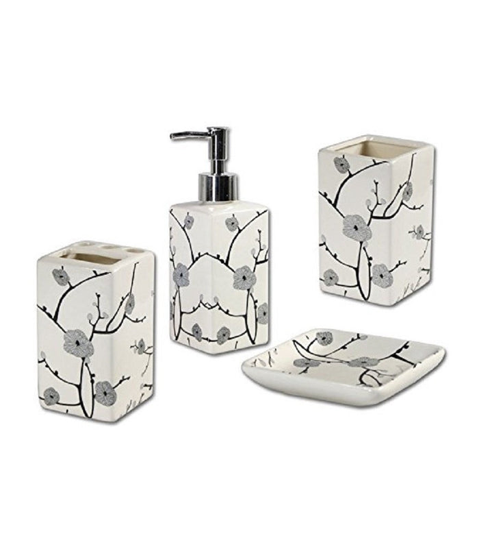 Set Bagno Fiori Pesco Giapponesi In Ceramica Dispenser Porta Saponetta Bicchiere         