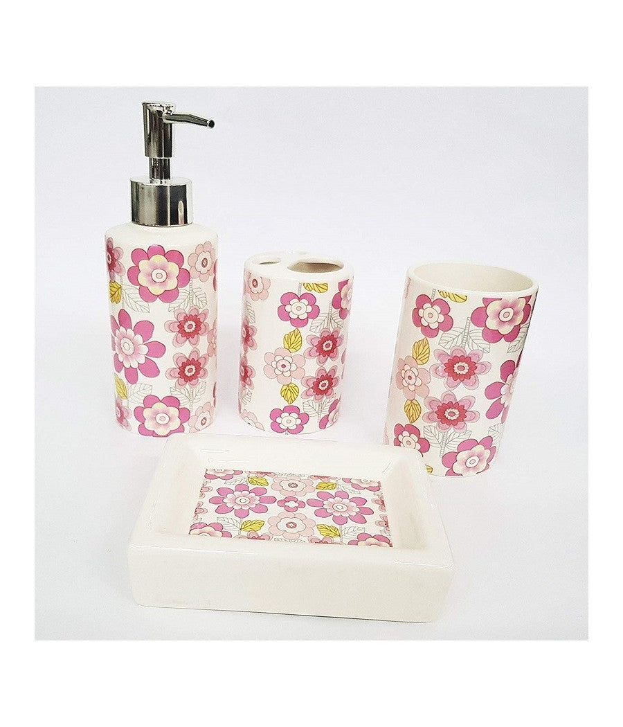 Set 4pz Bagno Fiori Rosa Floreale Ceramica Dispenser Sapone Porta Saponetta Bicchiere Spazzolini         