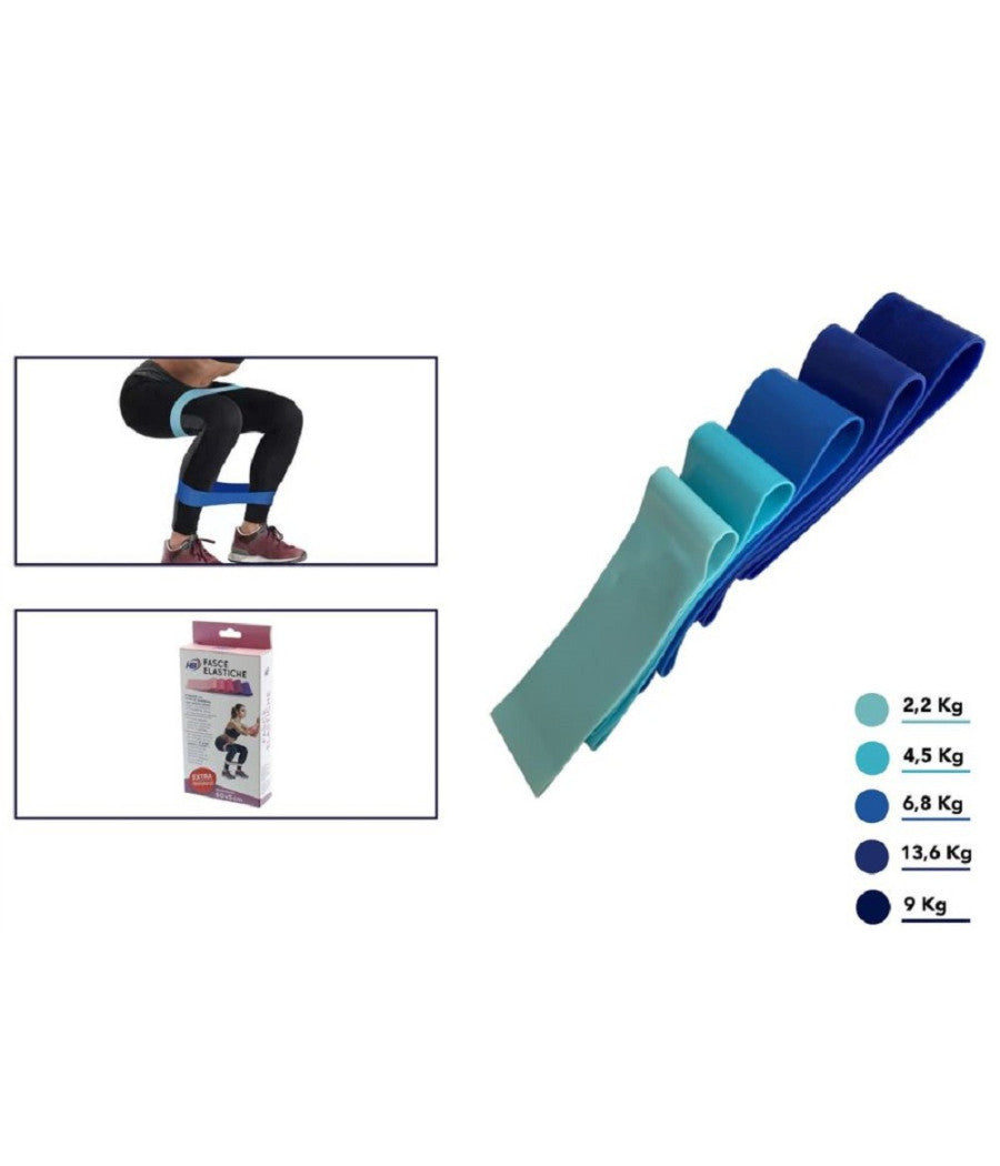 Set 5pz Fasce Elastiche Resistenza Fitness In Lattice Vari Esercizi Yoga Palestra         