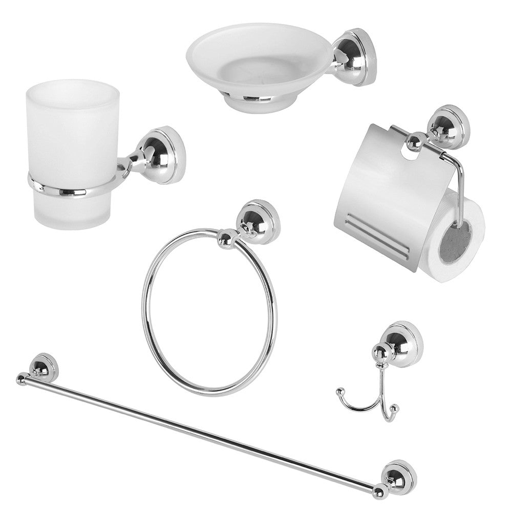 Set accessori bagno a muro 6 pezzi in acciaio cromato e vetro