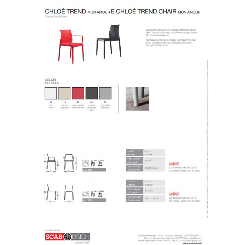 SET 6 CHLOÉ TREND SEDIE MON AMOUR MADE IN ITALY SCAB DESIGN - Rosso Geranio 42