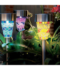 Set 6 Lampade Mosaico Da Giardino Colorate Ricarica Solare Paletti Solari 1led         