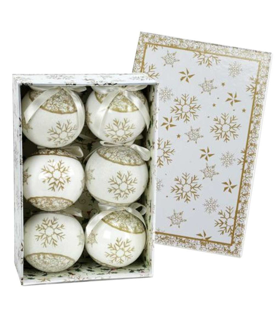 Set 6 Palline Natalizie Fiocco Di Neve Oro 7,5cm Con Nastro Decorazioni Natale         