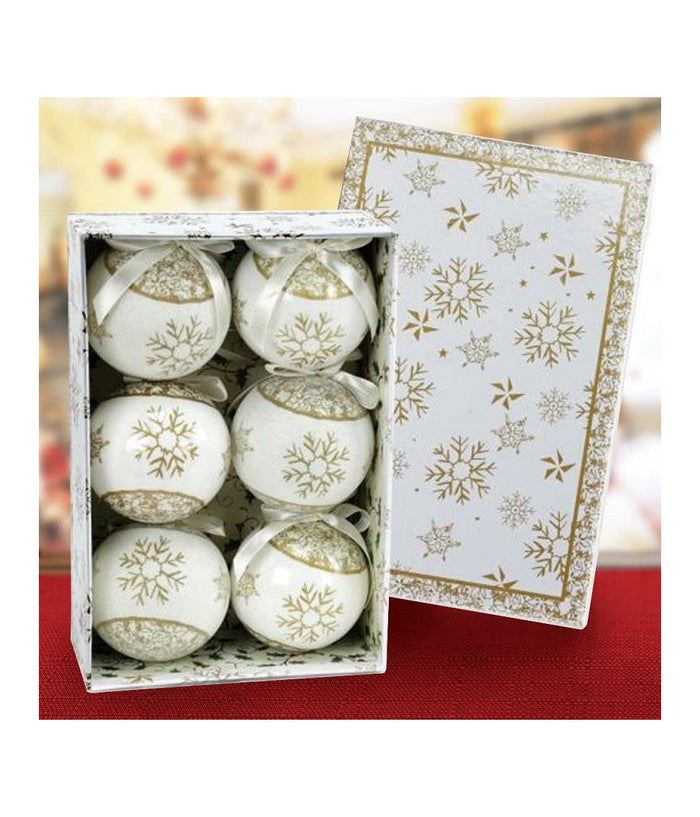 Set 6 Palline Natalizie Fiocco Di Neve Oro 7,5cm Con Nastro Decorazioni Natale         