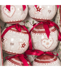 Set 6 Palline Natalizie Stampa Cuore Stelle 7,5cm Con Nastro Decorazioni Natale         