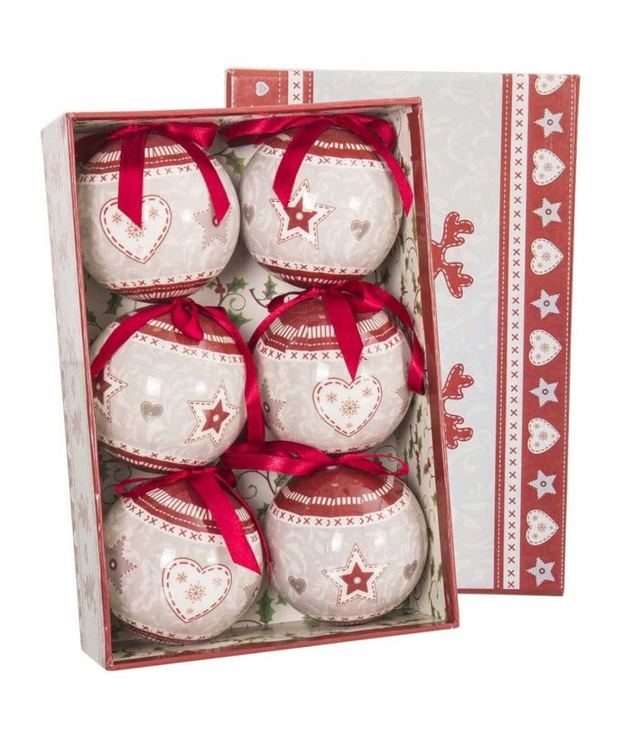 Set 6 Palline Natalizie Stampa Cuore Stelle 7,5cm Con Nastro Decorazioni Natale         