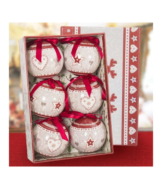 Set 6 Palline Natalizie Stampa Cuore Stelle 7,5cm Con Nastro Decorazioni Natale         