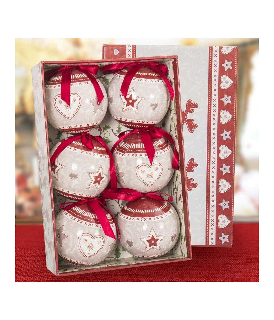 Set 6 Palline Natalizie Stampa Cuore Stelle 7,5cm Con Nastro Decorazioni Natale         