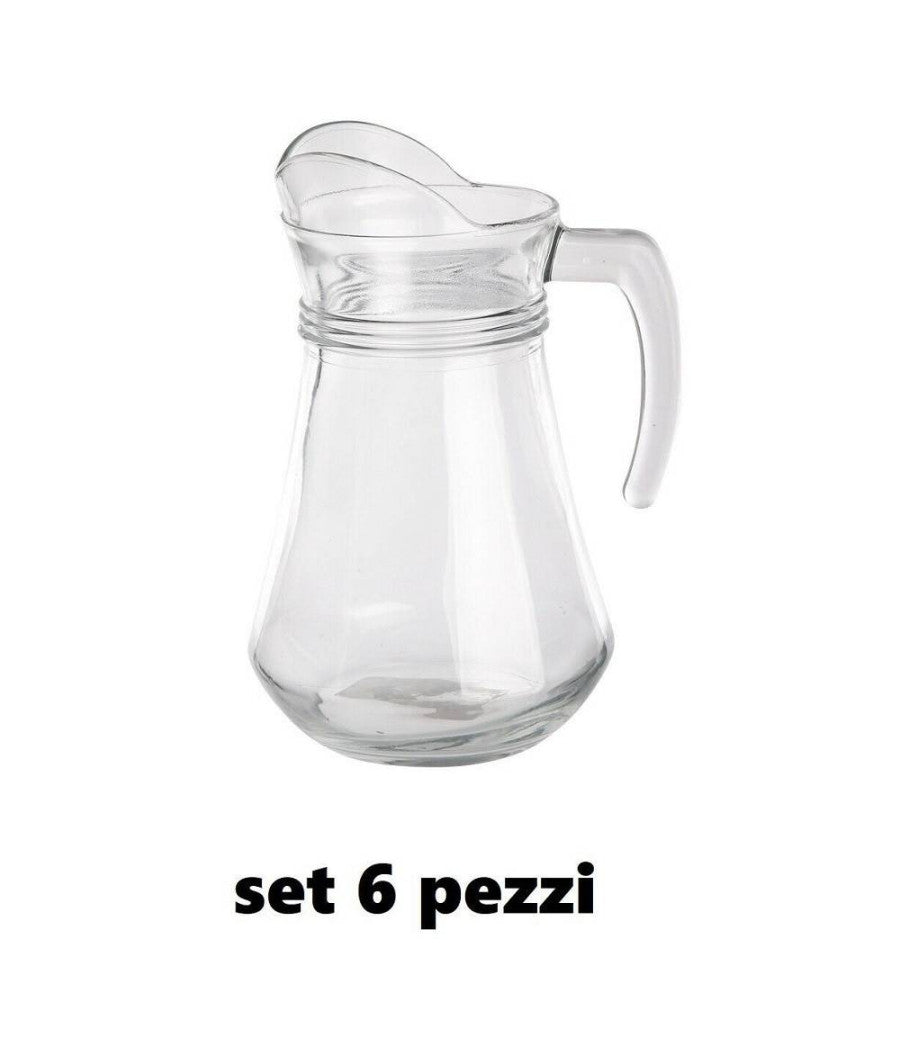 Set 6 Pezzi Brocca Caraffa In Vetro Trasparente 1,3 Lt Litri Per Acqua Vino         