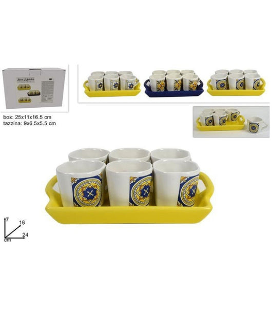 Set 6 Pezzi Tazzine Tazze Servizio Tè Caffè Con Vassoio Con Decoro Maiolica         