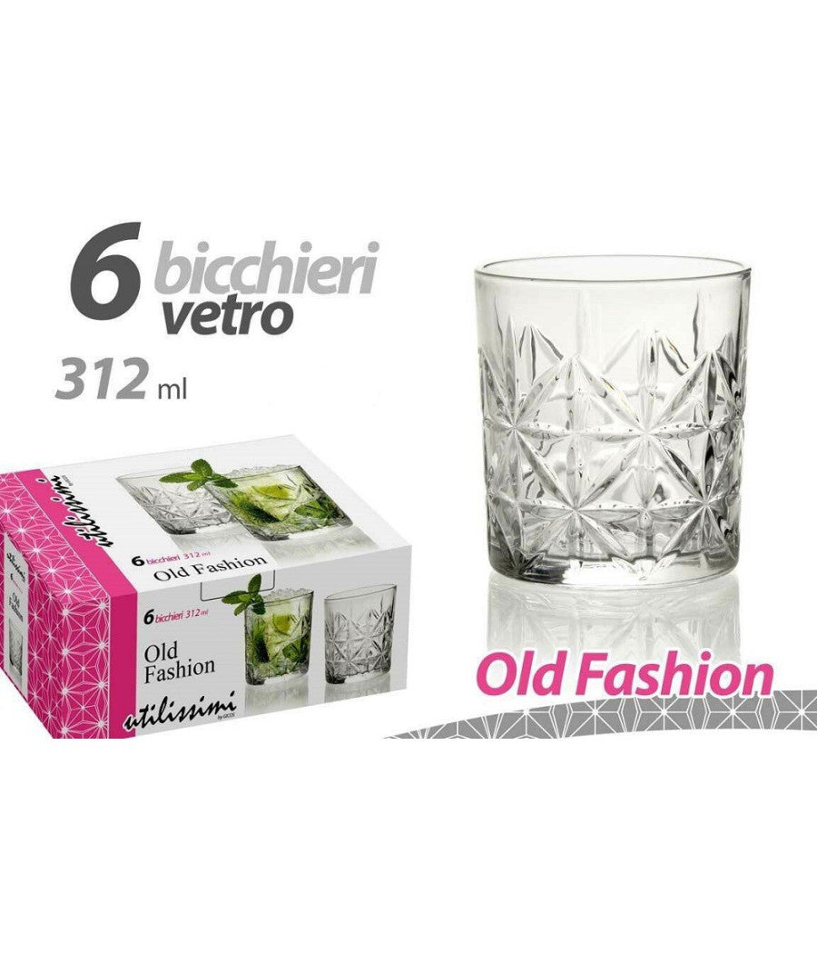 Set 6 Pz Bicchieri Decoro Old Fashion Vetro Trasparente Acqua Vino 312 Ml 791222         