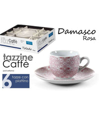 Set 6 Pz Tazzine Caffè + 6 Piattini Tazzina Classico Moderno Damasco Rosa 720390         