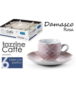 Set 6 Pz Tazzine Caffè + 6 Piattini Tazzina Classico Moderno Damasco Rosa 720390         