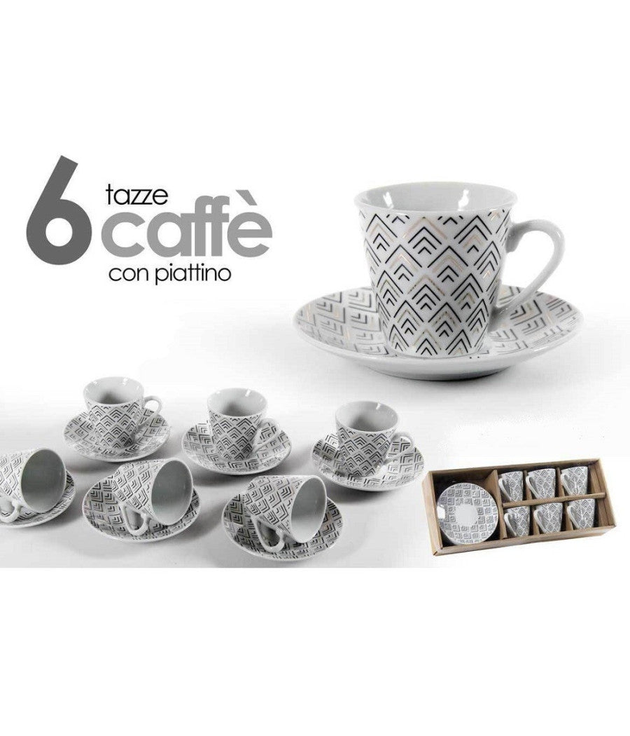 Set 6 Pz Tazzine Caffè Con 6 Piattini Bianco Deco In Porcellana Decorate 780776         