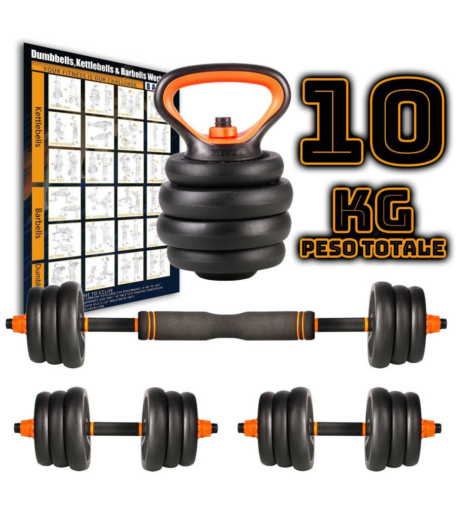 Set 6in1 Multifunzione Peso 10kg Manubri Con Bilanciere E Kettlebell Componibile         