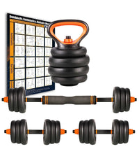 Set 6in1 Multifunzione Peso 10kg Manubri Con Bilanciere E Kettlebell Componibile         