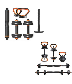 Set 6in1 Multifunzione Peso 10kg Manubri Con Bilanciere E Kettlebell Componibile         