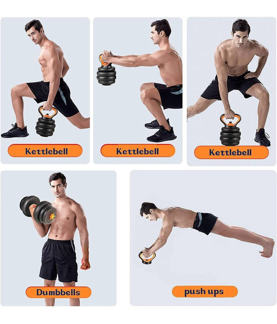 Set 6in1 Multifunzione Peso 10kg Manubri Con Bilanciere E Kettlebell Componibile         