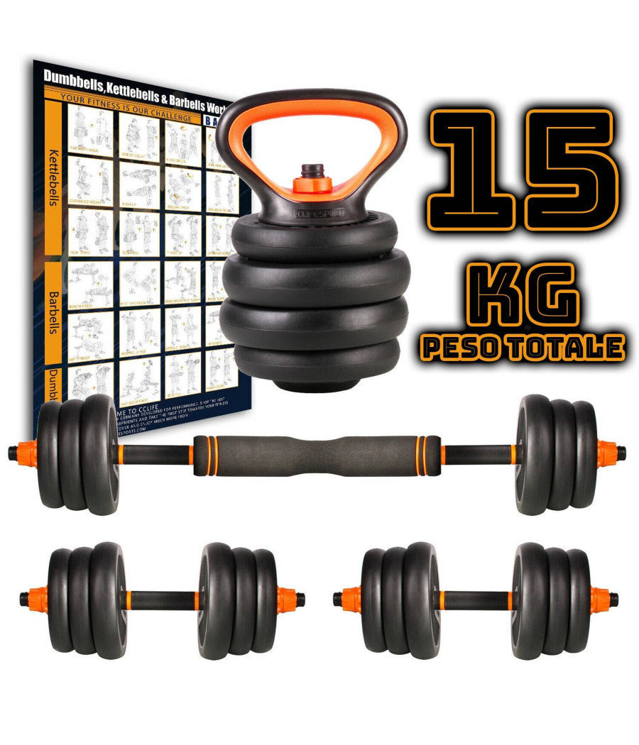 Set 6in1 Multifunzione Peso 15kg Manubri Con Bilanciere E Kettlebell Componibile         