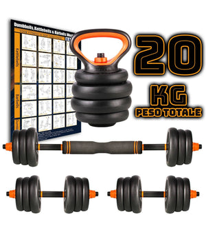 Set 6in1 Multifunzione Peso 20kg Manubri Con Bilanciere E Kettlebell Componibile         