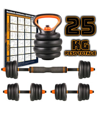 Set 6in1 Multifunzione Peso 25kg Manubri Con Bilanciere E Kettlebell Componibile         